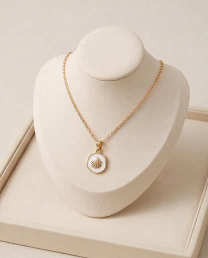 Gold White Enamel Seashell Medallion Pendant Necklace