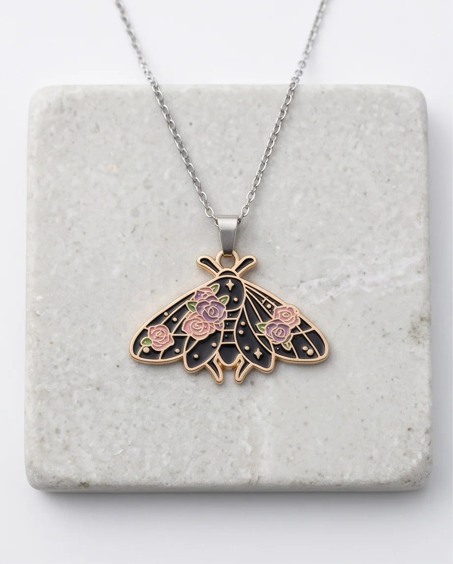 Gold Floral Moth Enamel Chain Necklace