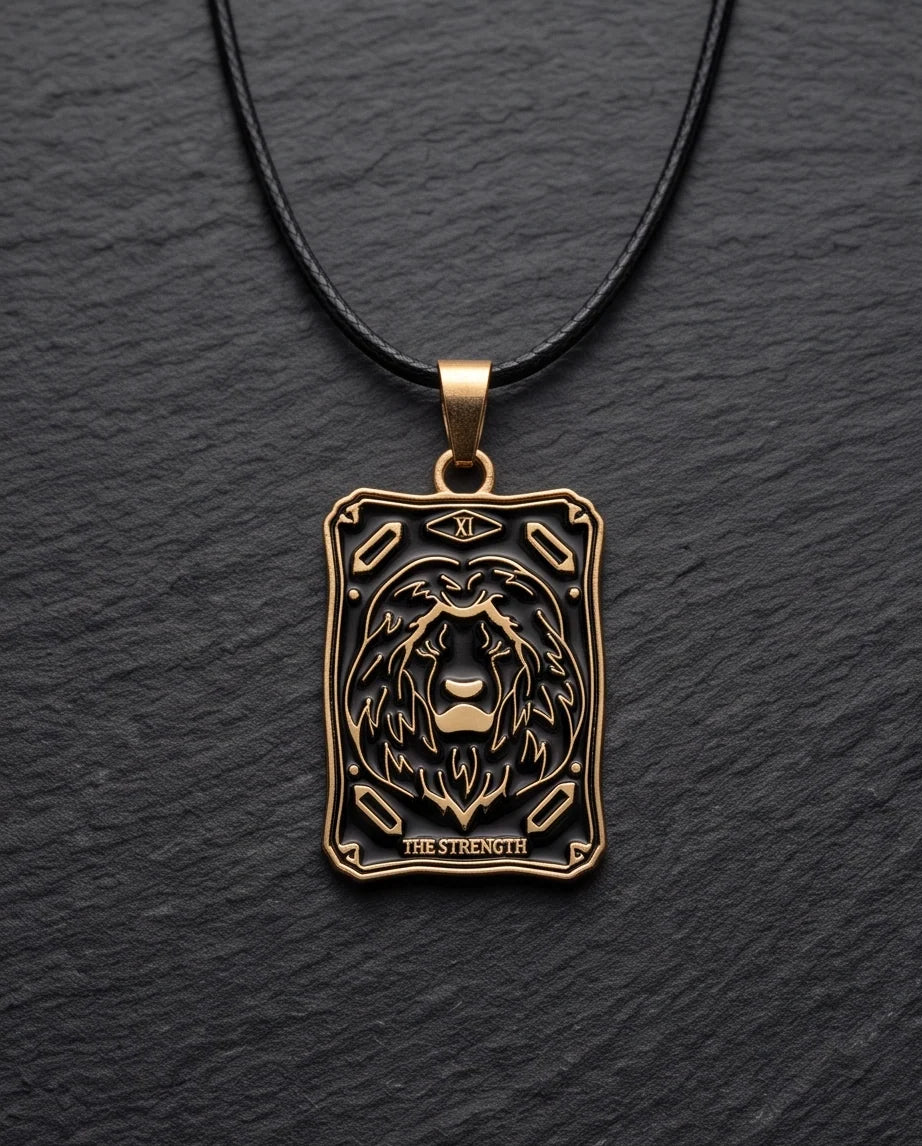 Gold "Strength" Lion Tarot Card Pendant Necklace