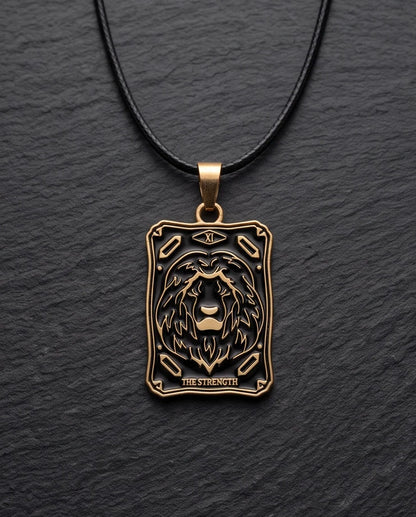 Gold "Strength" Lion Tarot Card Pendant Necklace