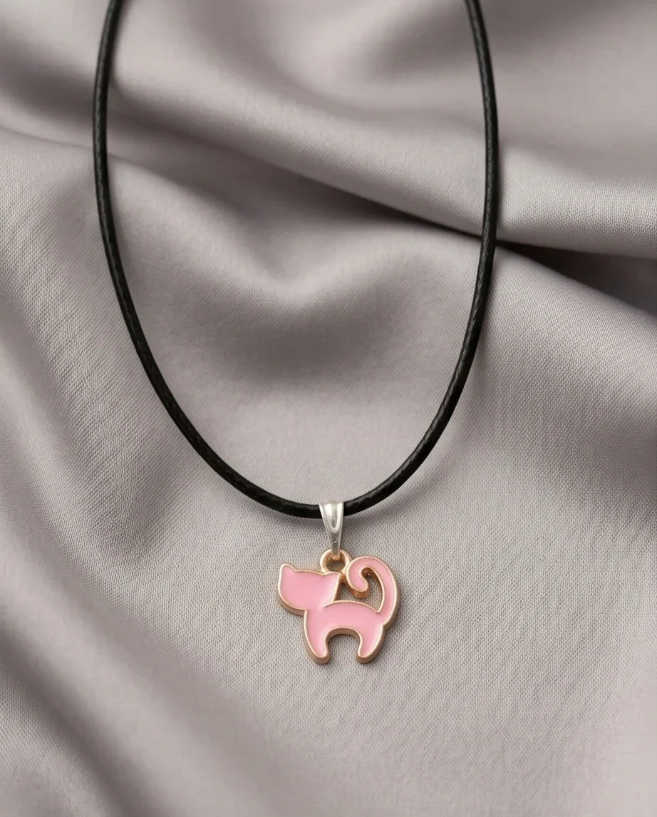 Playful Pink Cat Enamel Pendant Necklace