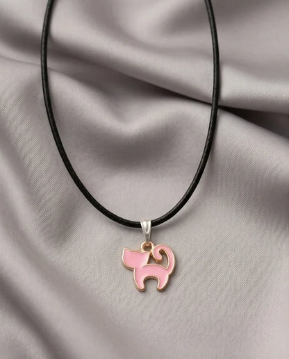 Playful Pink Cat Enamel Pendant Necklace