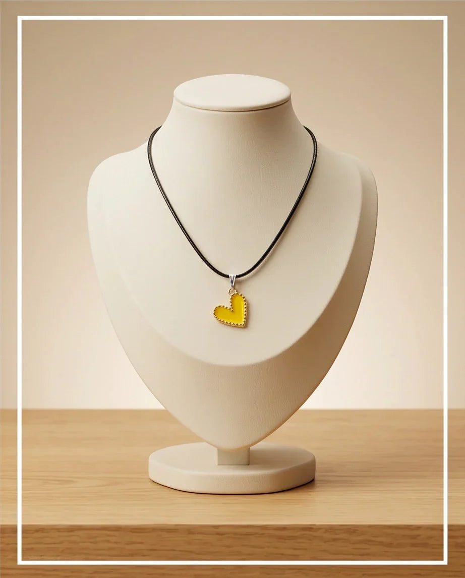 Vibrant Yellow Beaded-Edge Heart Enamel Pendant Necklace