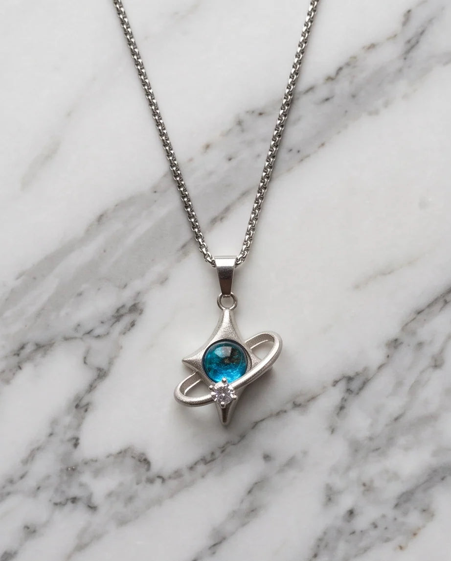 Silver Cosmic Four-Point Star Planet Ring Pendant Necklace