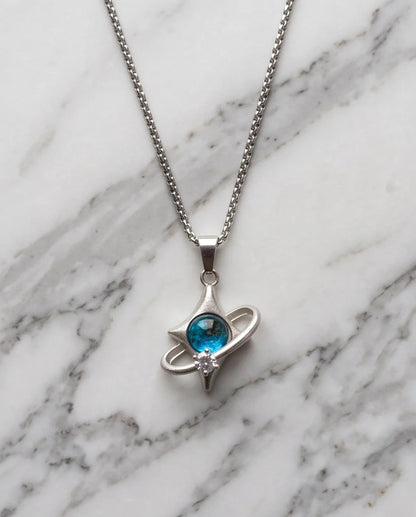 Silver Cosmic Four-Point Star Planet Ring Pendant Necklace