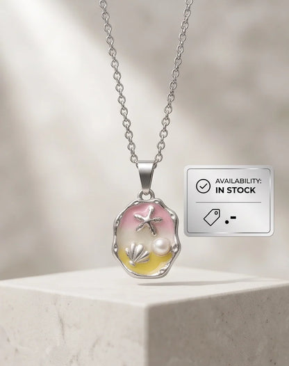 Silver Seashell Starfish Pearl Enamel Medallion Chain Necklace