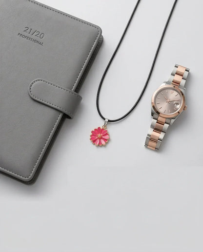 Pink Enamel Sunflower Pendant Necklace