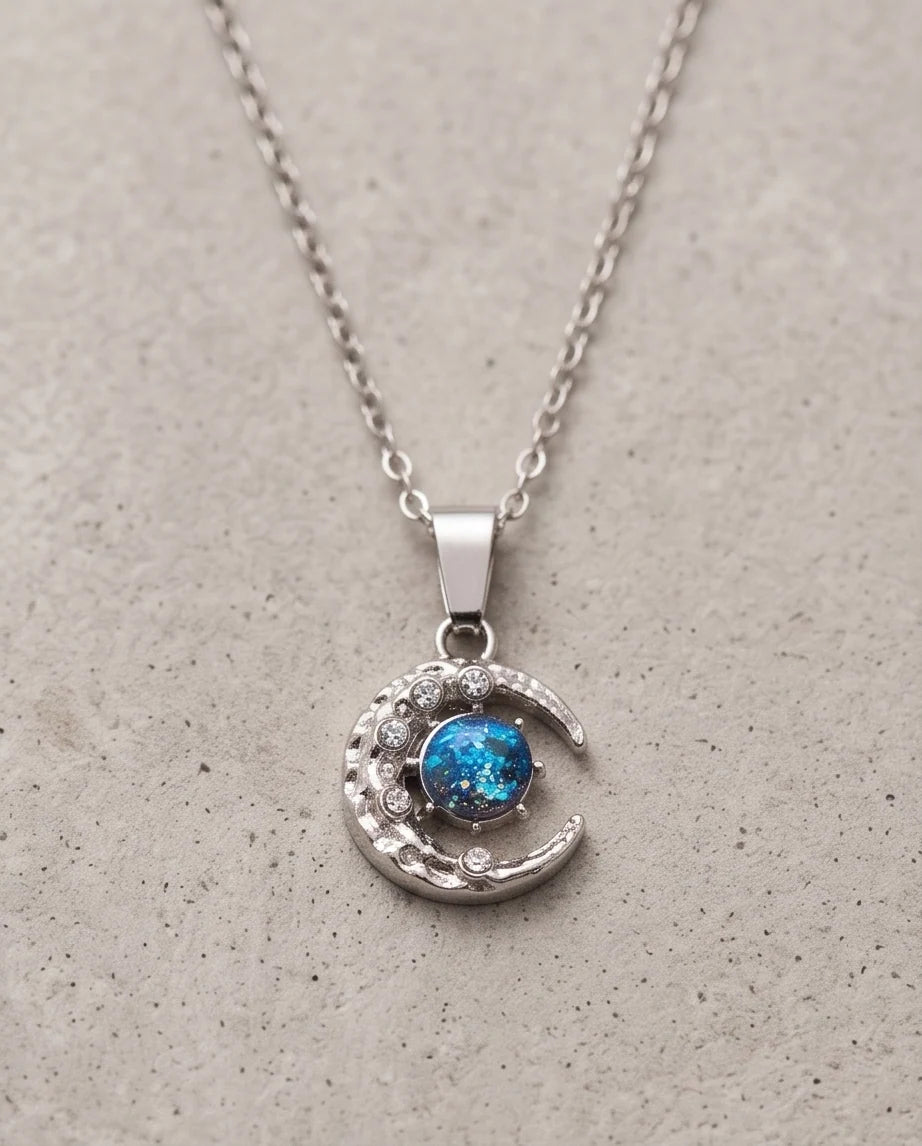 Silver Hammered Crescent Moon Galaxy Stone Pendant Necklace