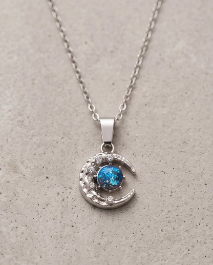 Silver Hammered Crescent Moon Galaxy Stone Pendant Necklace
