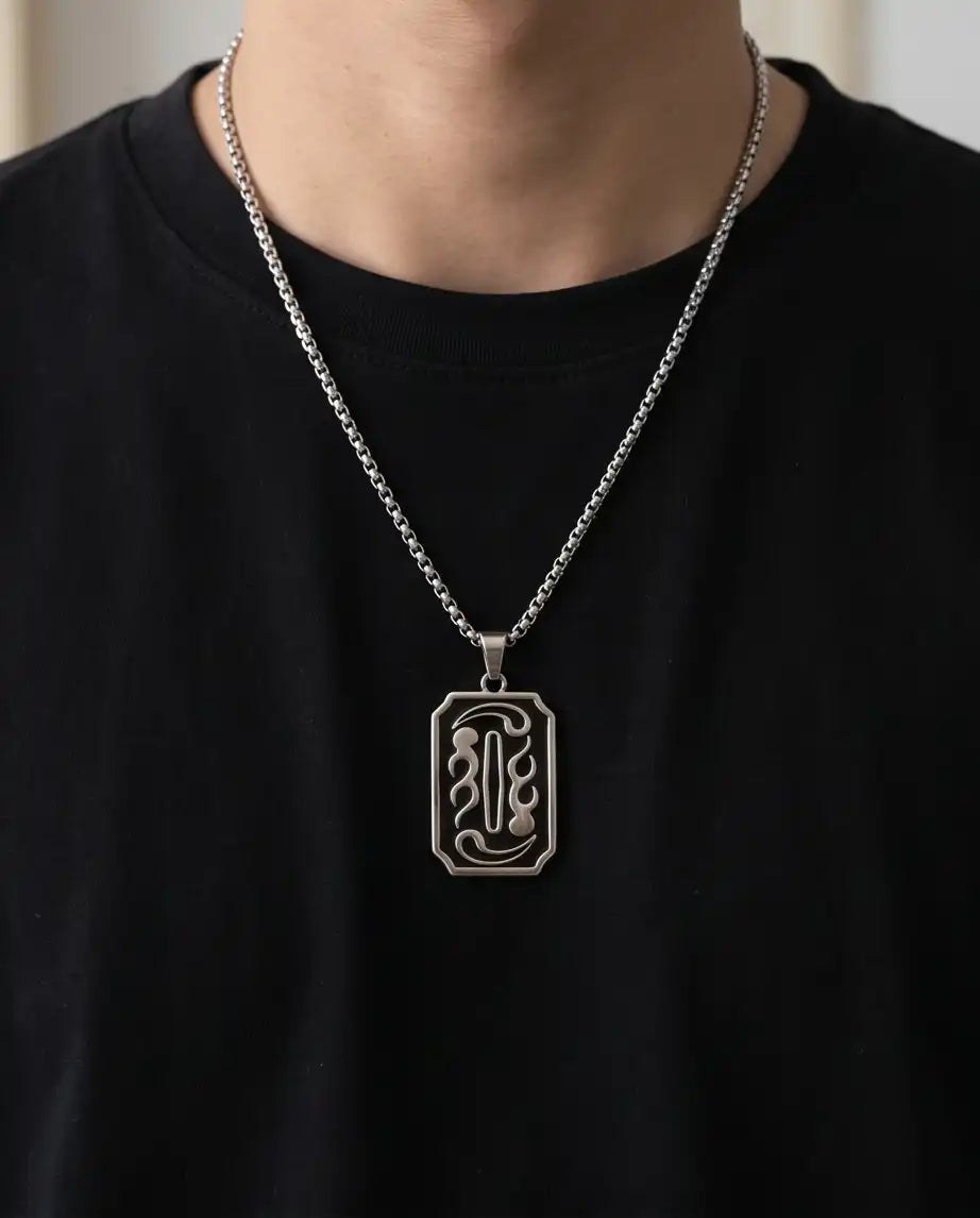 Moon Phase Abstract Calligraphy Tag Silver Box Chain Necklace