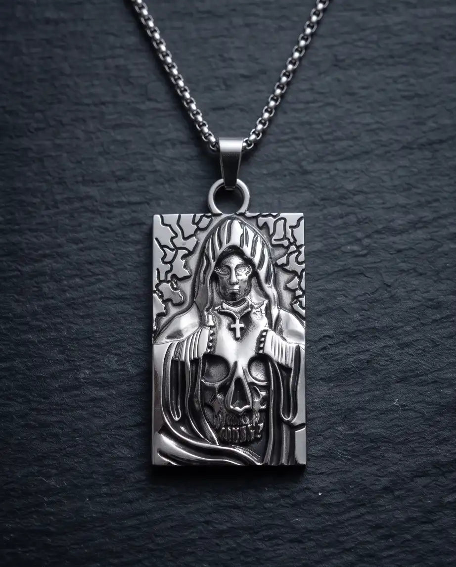 Hooded Grim Reaper Skull Dog Tag Pendant Box Chain