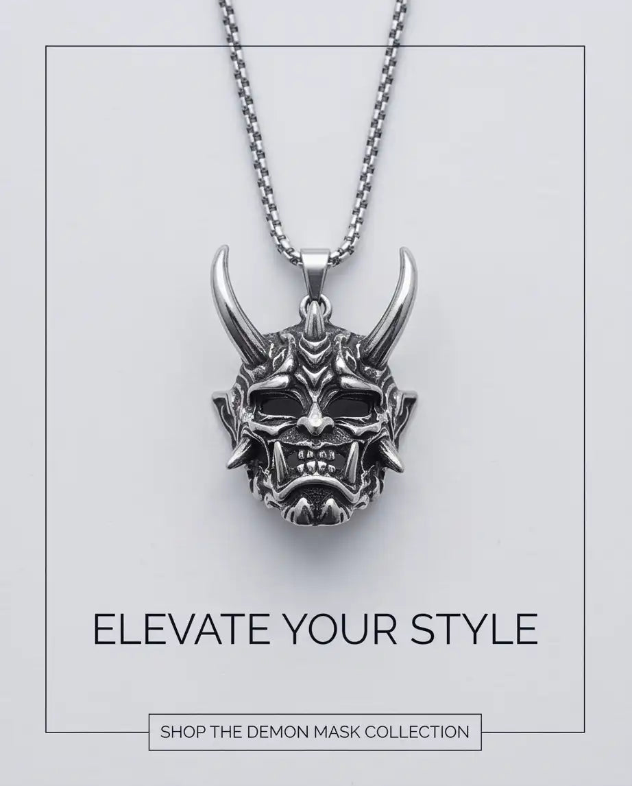 Japanese Horned Oni Mask Pendant Box Chain