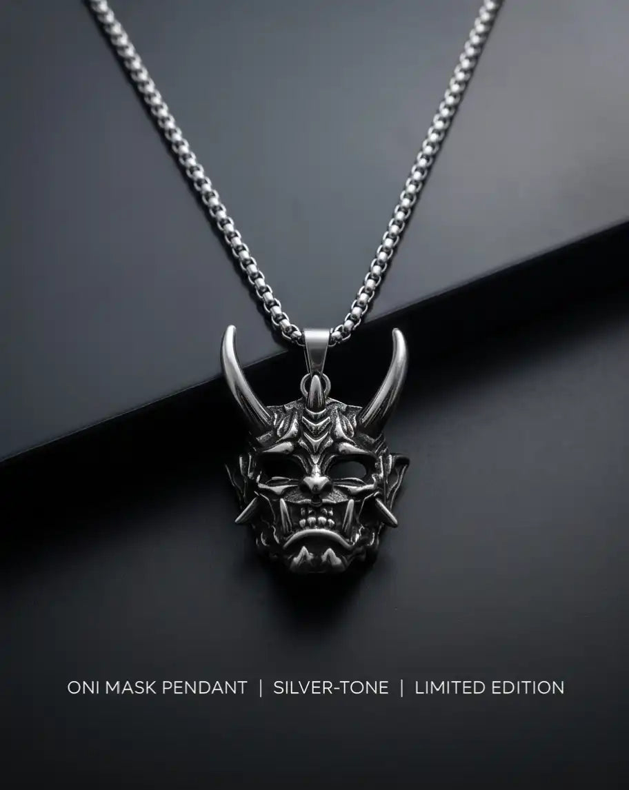 Japanese Horned Oni Mask Pendant Box Chain