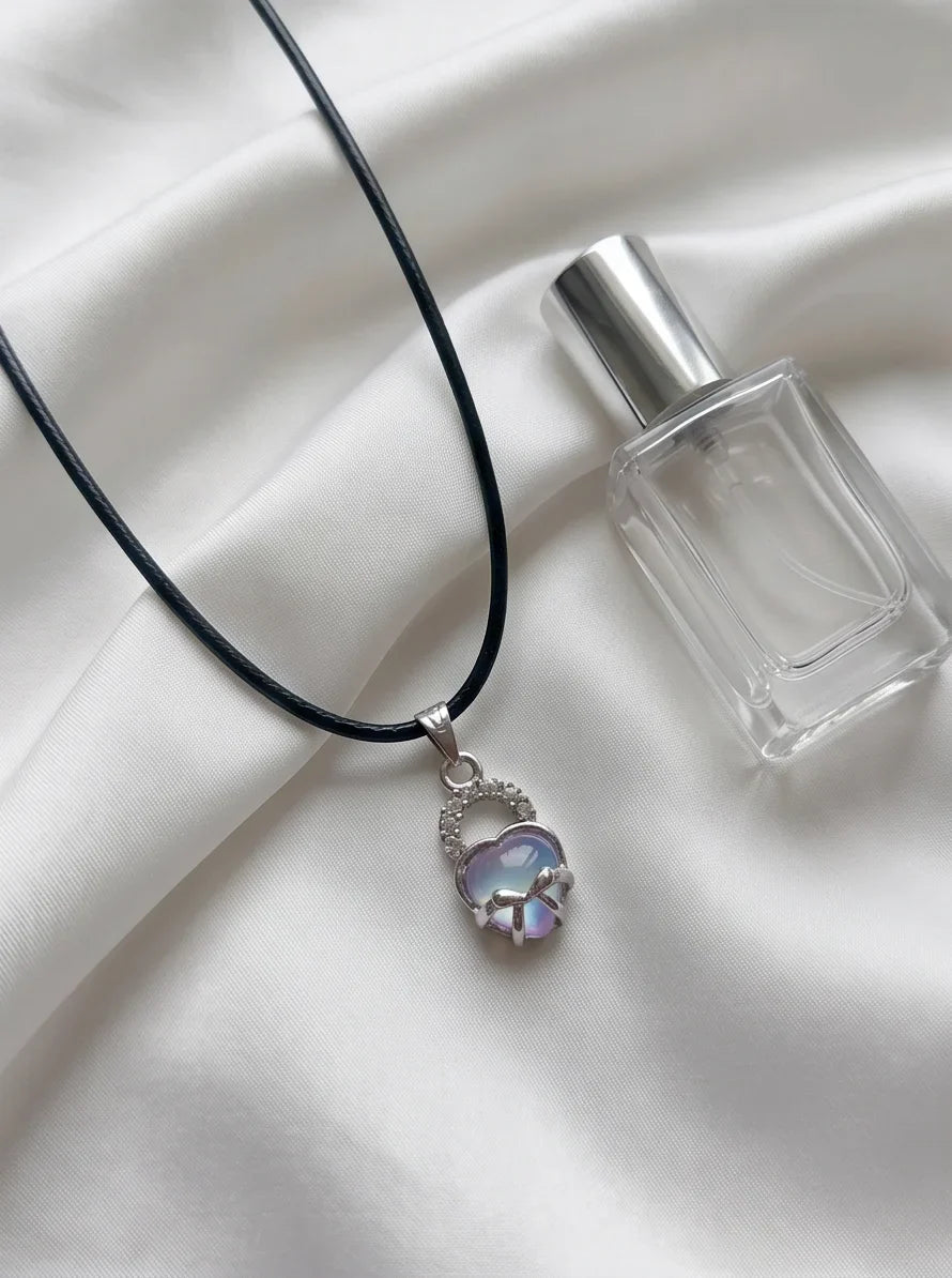 Opalite Heart Bow Lock Pendant Necklace