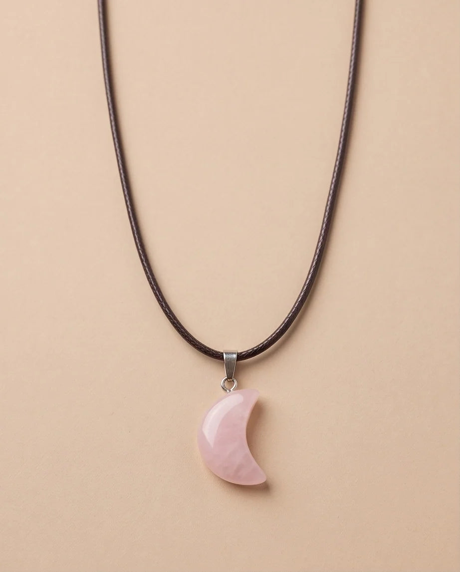 Silver Rose Quartz Pink Crescent Moon Pendant Necklace