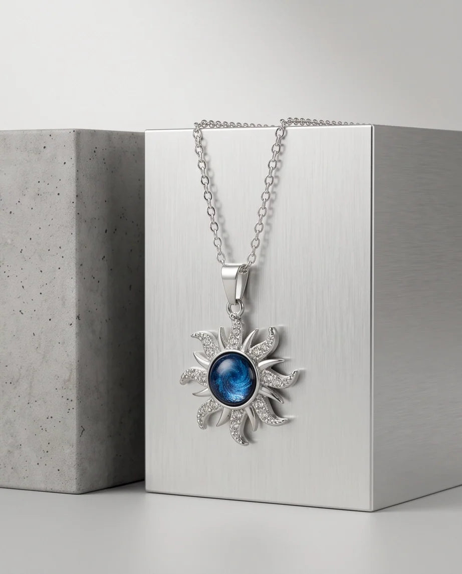 Silver Crystal Celestial Sunburst Galaxy Pendant Necklace