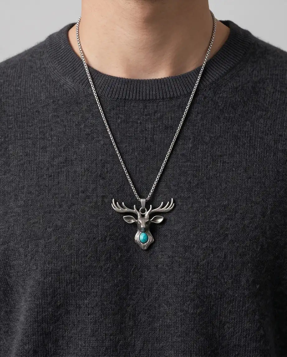 Turquoise Stone Stag Head Pendant Box Chain