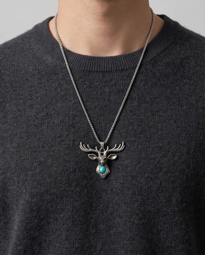 Turquoise Stone Stag Head Pendant Box Chain