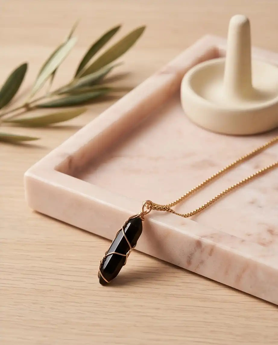 Wire-Wrapped Black Obsidian Crystal Point Pendant Box Chain