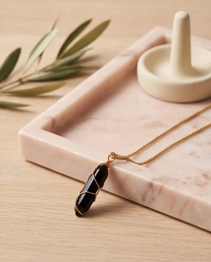 Wire-Wrapped Black Obsidian Crystal Point Pendant Box Chain