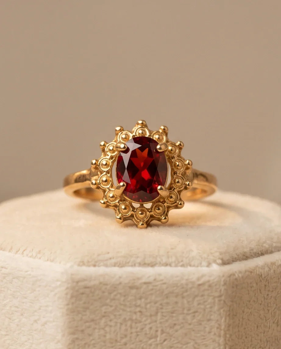 Vintage Gold Oval Garnet Victorian Halo Ring