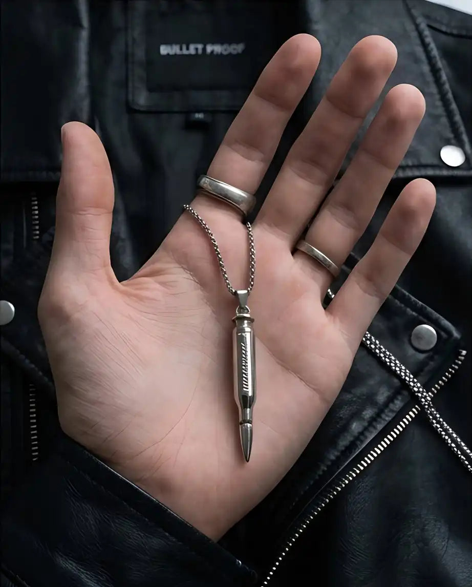 Engraved Bullet Pendant Silver Box Chain Necklace