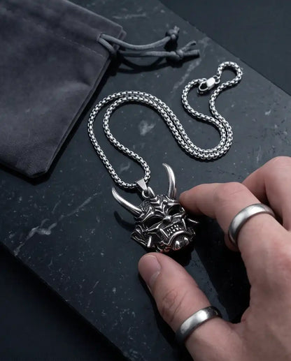 Japanese Horned Oni Mask Pendant Box Chain