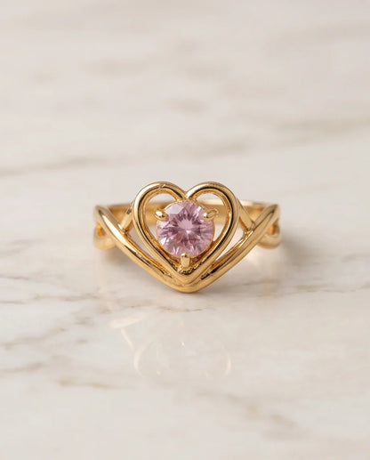 Gold Pink Tourmaline Heart Openwork Ring