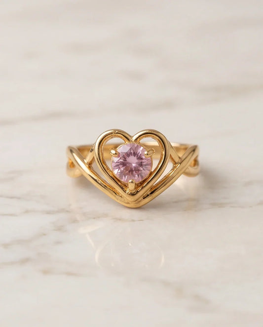 Gold Pink Tourmaline Heart Openwork Ring