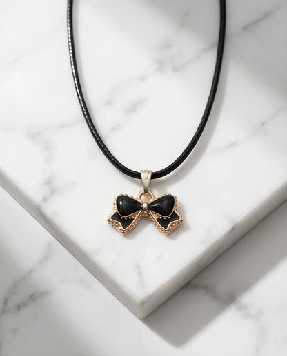 Gold and Black Ribbon Bow Necklace