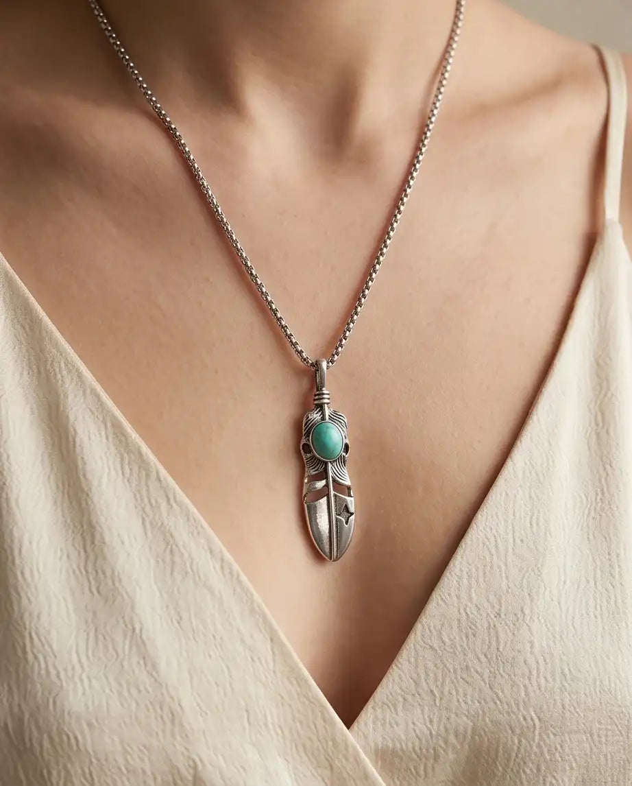 Turquoise Stone Feather Pendant Box Chain