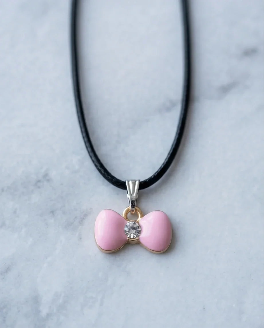 Charming Pink Bowknot Enamel Pendant Necklace with Crystal Center