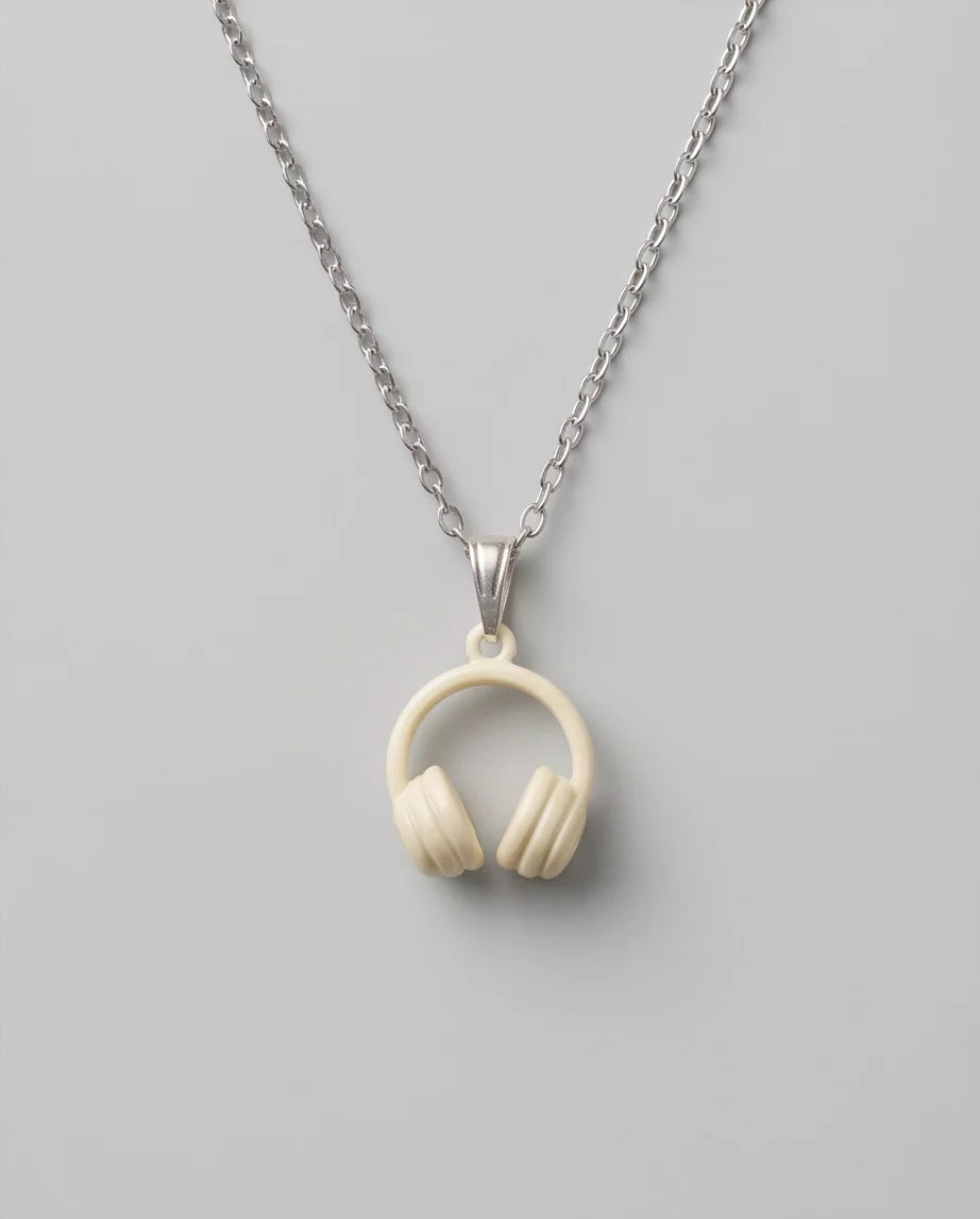 Cream White Headphones Enamel Pendant Necklace