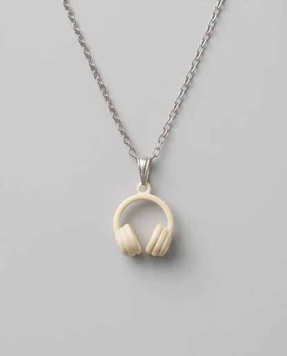 Cream White Headphones Enamel Pendant Necklace