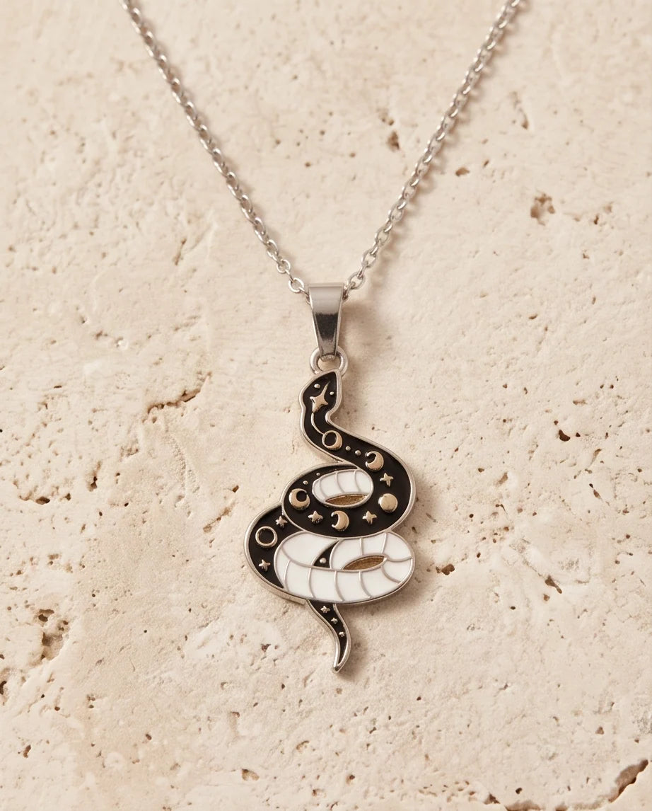 Gold Moon Phase Snake Enamel Pendant Necklace