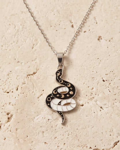 Gold Moon Phase Snake Enamel Pendant Necklace