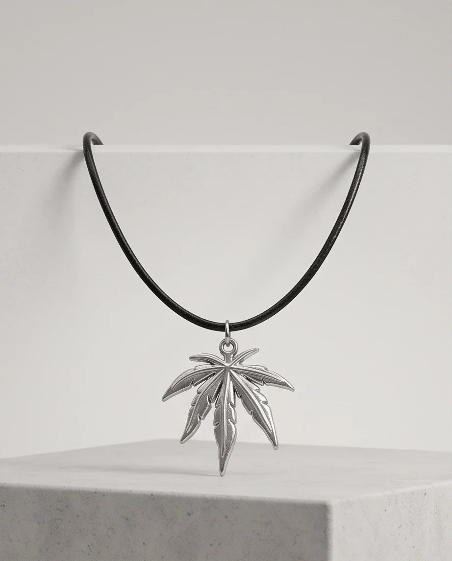 Silver Leaf Pendant Cord Necklace