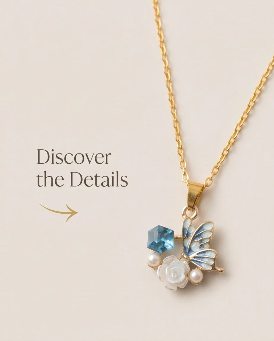 Gold Blue Enamel Butterfly & Pearl Rose Cluster Pendant Necklace