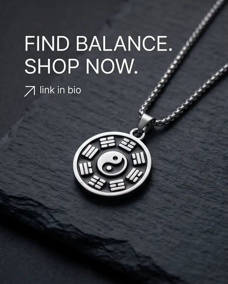 Yin Yang Bagua Symbol Medallion Silver Box Chain Necklace