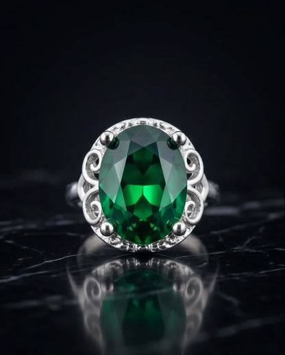 Silver Oval Emerald Gemstone Filigree Solitaire Ring