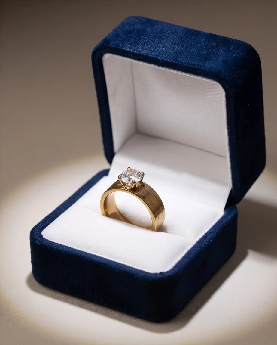 Gold Round Gemstone Wide-Band Solitaire Ring