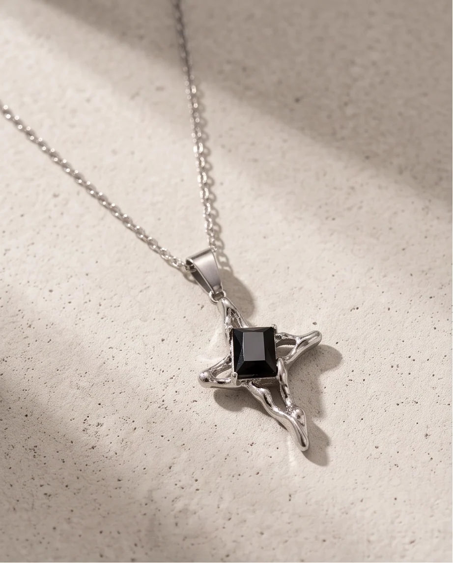 Silver Black Gemstone Gothic Cross Pendant Necklace