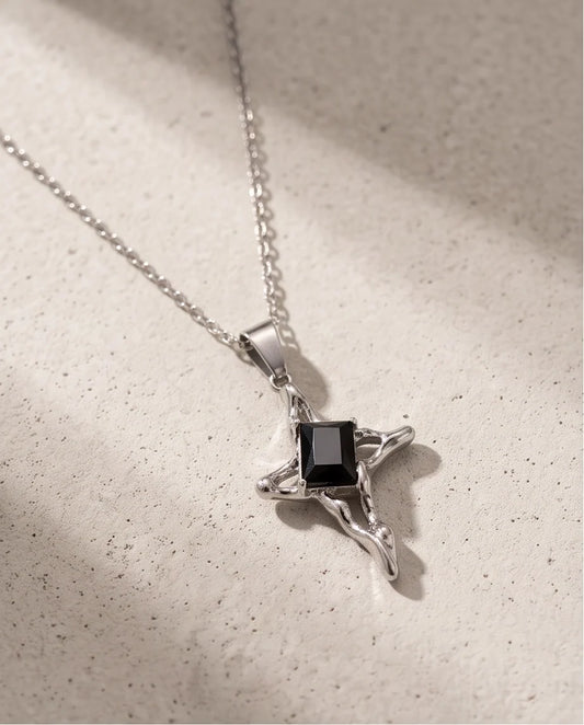 Silver Black Gemstone Gothic Cross Pendant Necklace