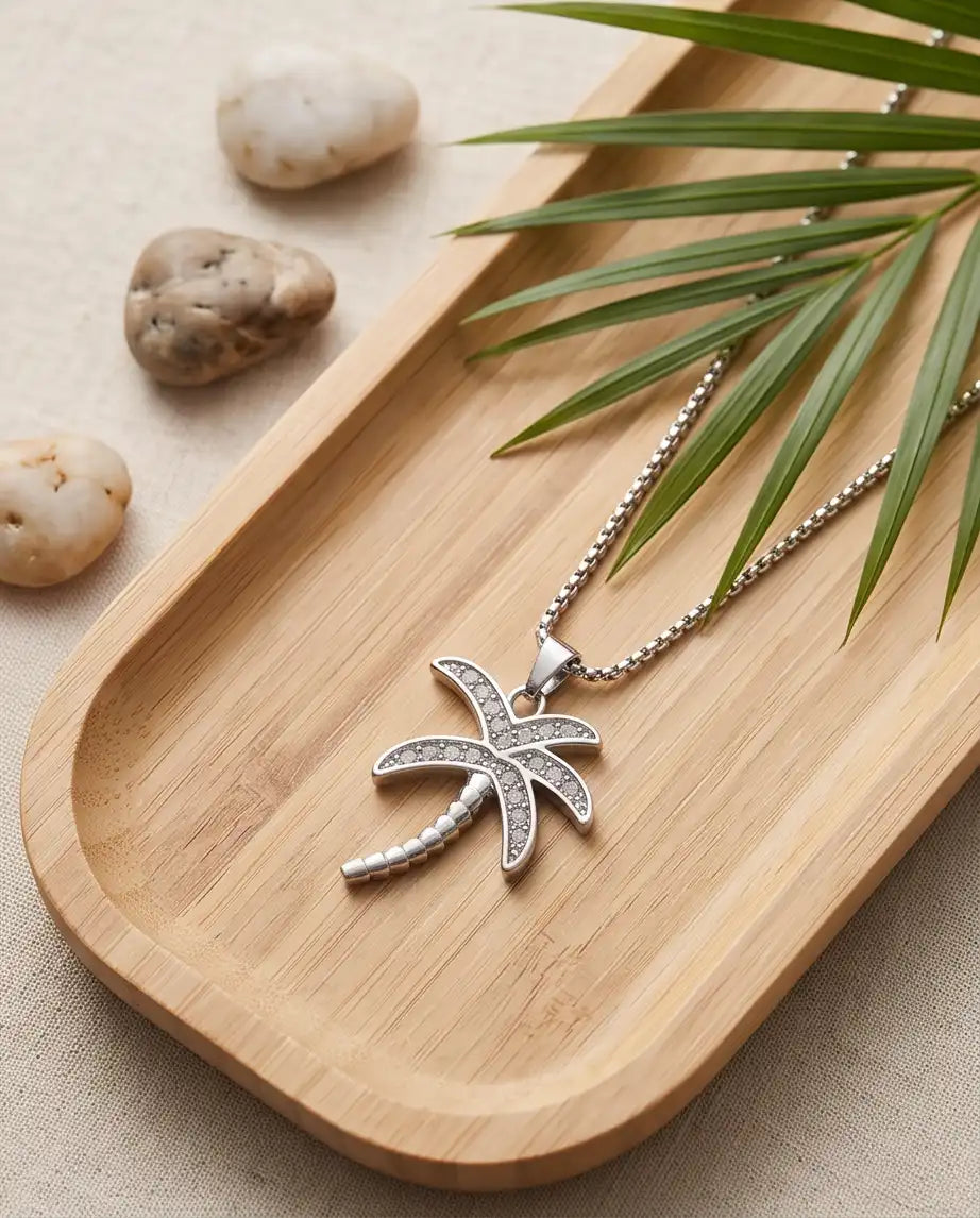Iced Palm Tree Pendant Silver Box Chain Necklace