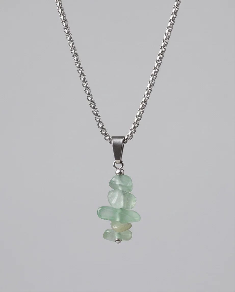 Silver Stacked Raw Green Aventurine Chip Stone Pendant Necklace