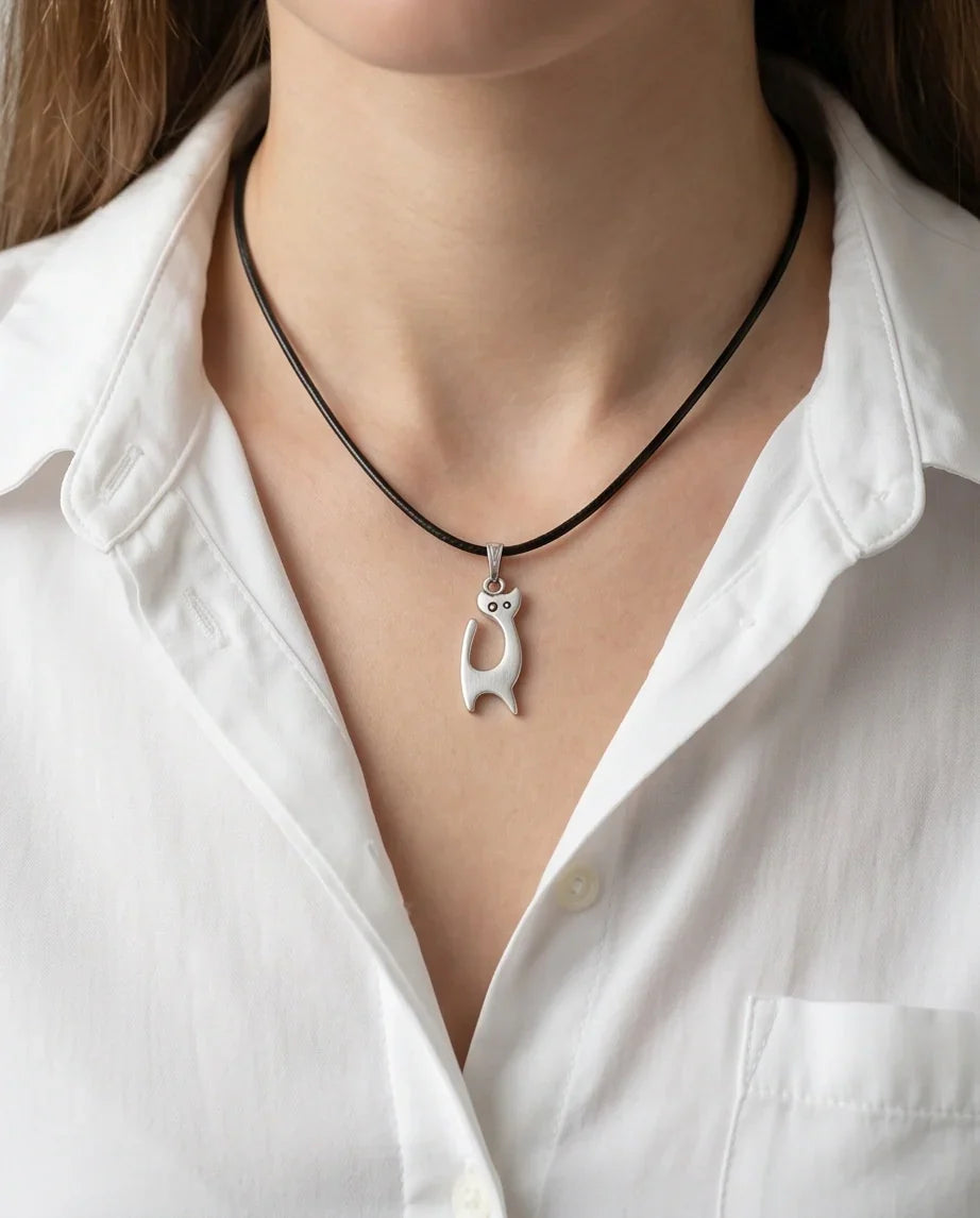 The Mystic Silhouette: Minimalist Matte Silver Cat Pendant Necklace