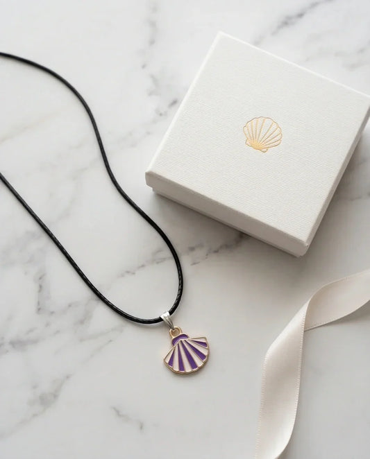 Striped Purple and White Seashell Enamel Pendant Necklace