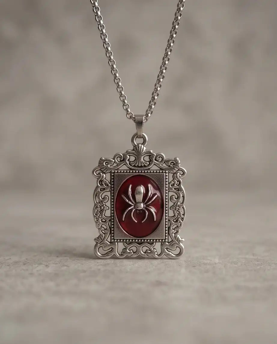 Gothic Red Enamel Spider Filigree Pendant Box Chain