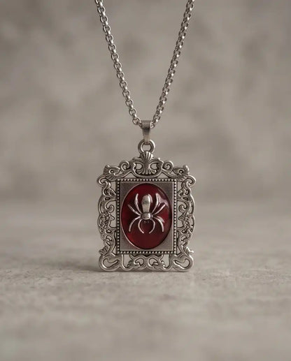 Gothic Red Enamel Spider Filigree Pendant Box Chain