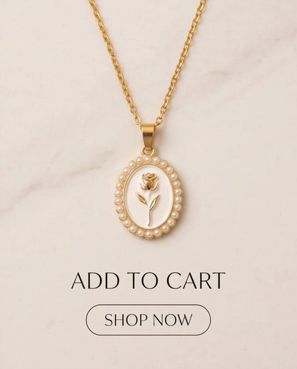Gold Pearl Frame White Enamel Rose Oval Pendant Necklace